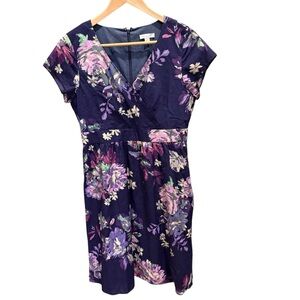 Garnet Hill Womens Floral Dress Cotton Navy Purple Empire Waist A Line V Neck 8P